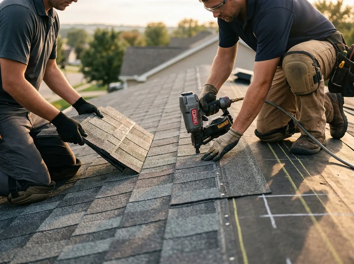 Professional roofer working on a residential roof in Maryville